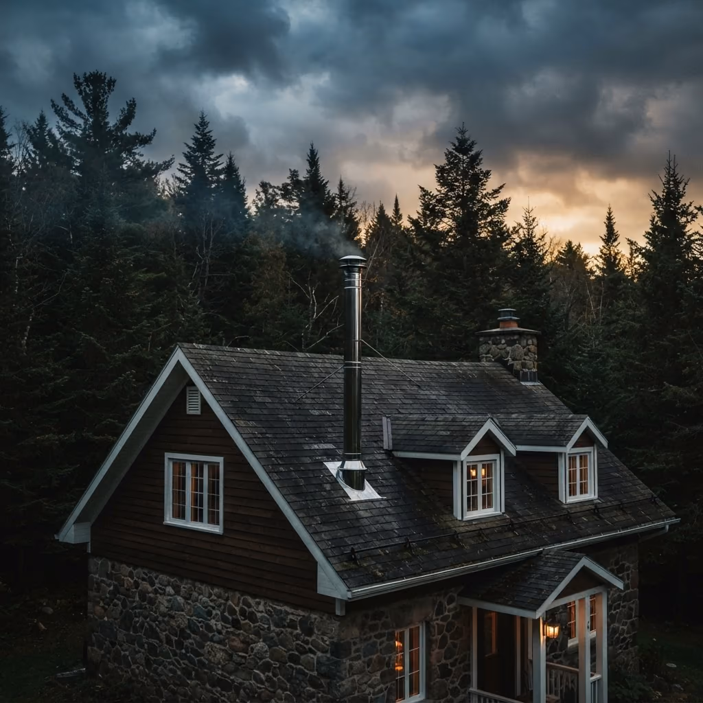 Cheminée sur une toiture au coucher du soleil